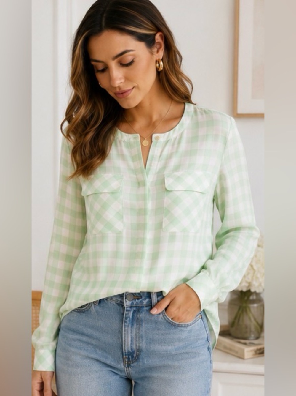 Wonder 100% Silk Mint Green Gingham Blouse | XXS | Luxe Preppy Chic Top